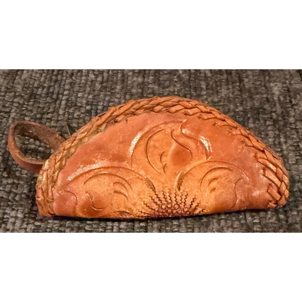 Vintage‎ Western Floral Hand Tooled Leather Coin Purse w Zipper READ